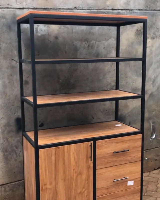 Tall shelving unit with walnut cabinet